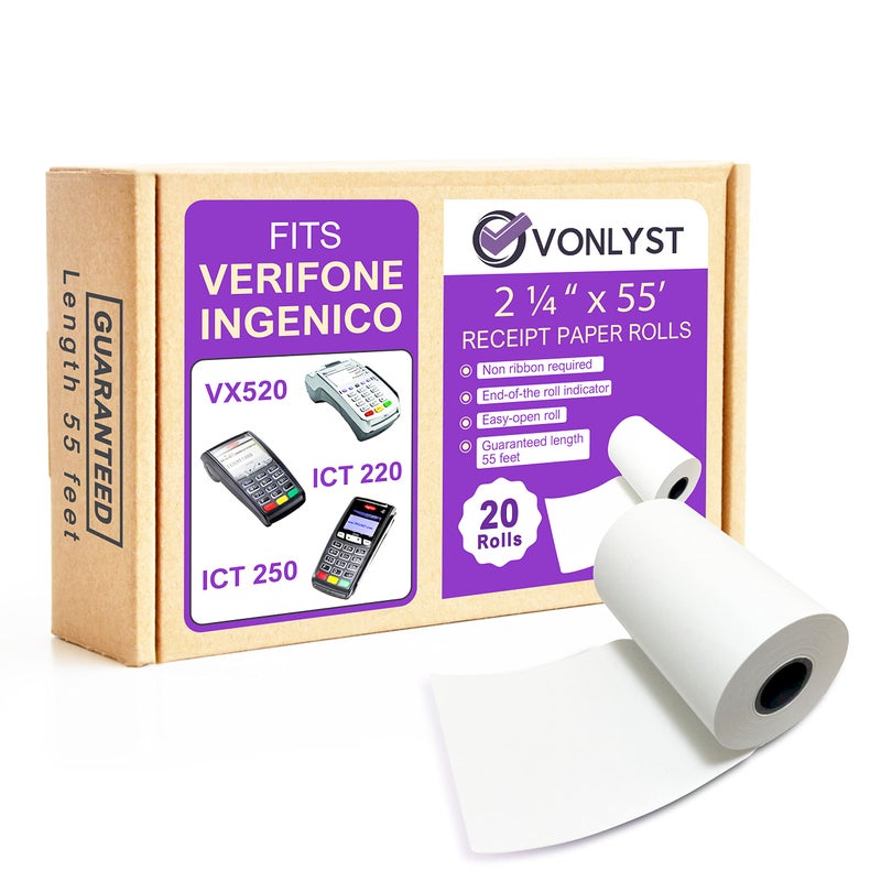 Vonlyst Thermal Paper Roll 2 1/4 x 55 for Verifone Vx520 Ingenico ICT220 ICT250 FD400 (20 rolls) - Image 1